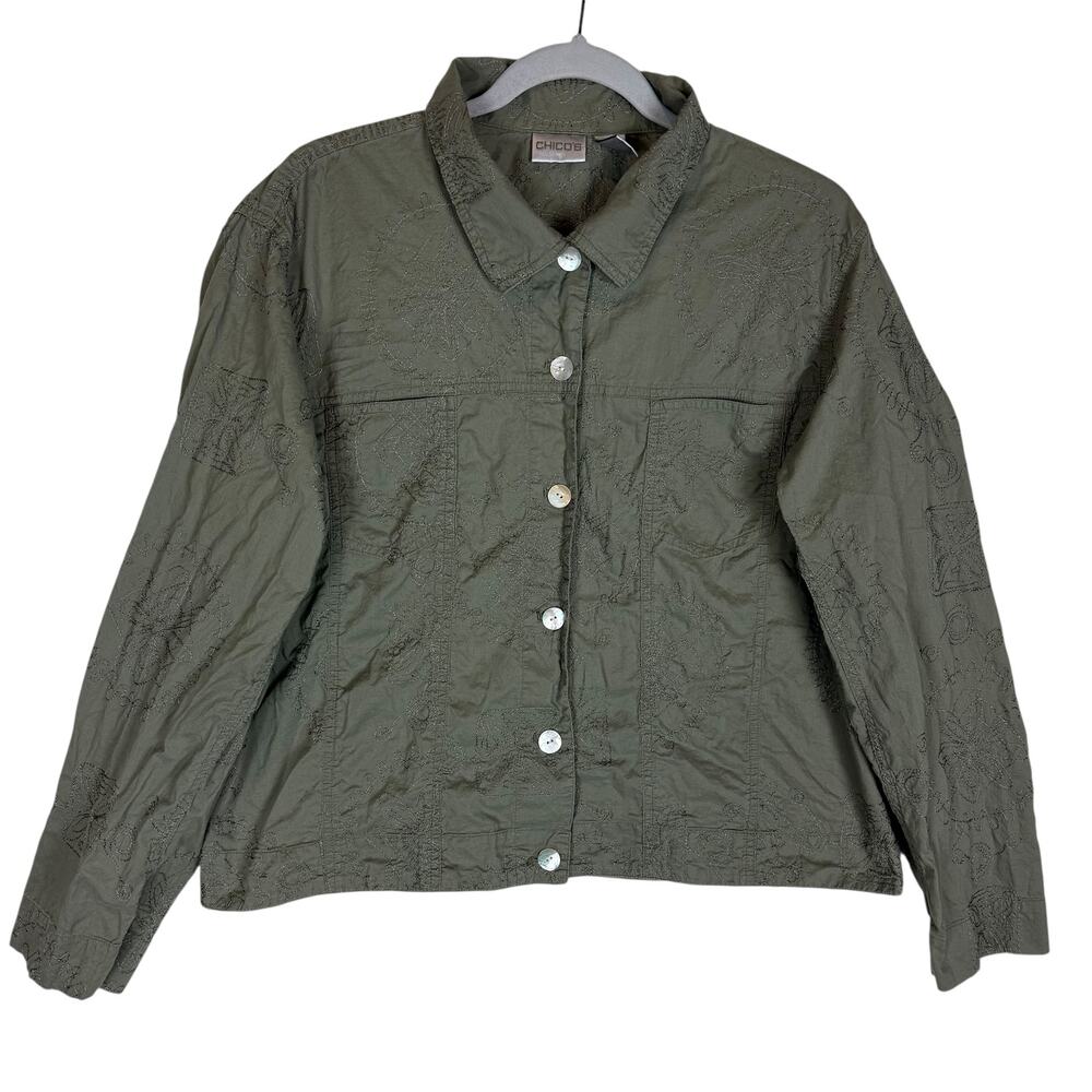 Chico's Shirt Women's 3 Green Long Sleeve Pockets‎ Embroidered Classic Button-Up